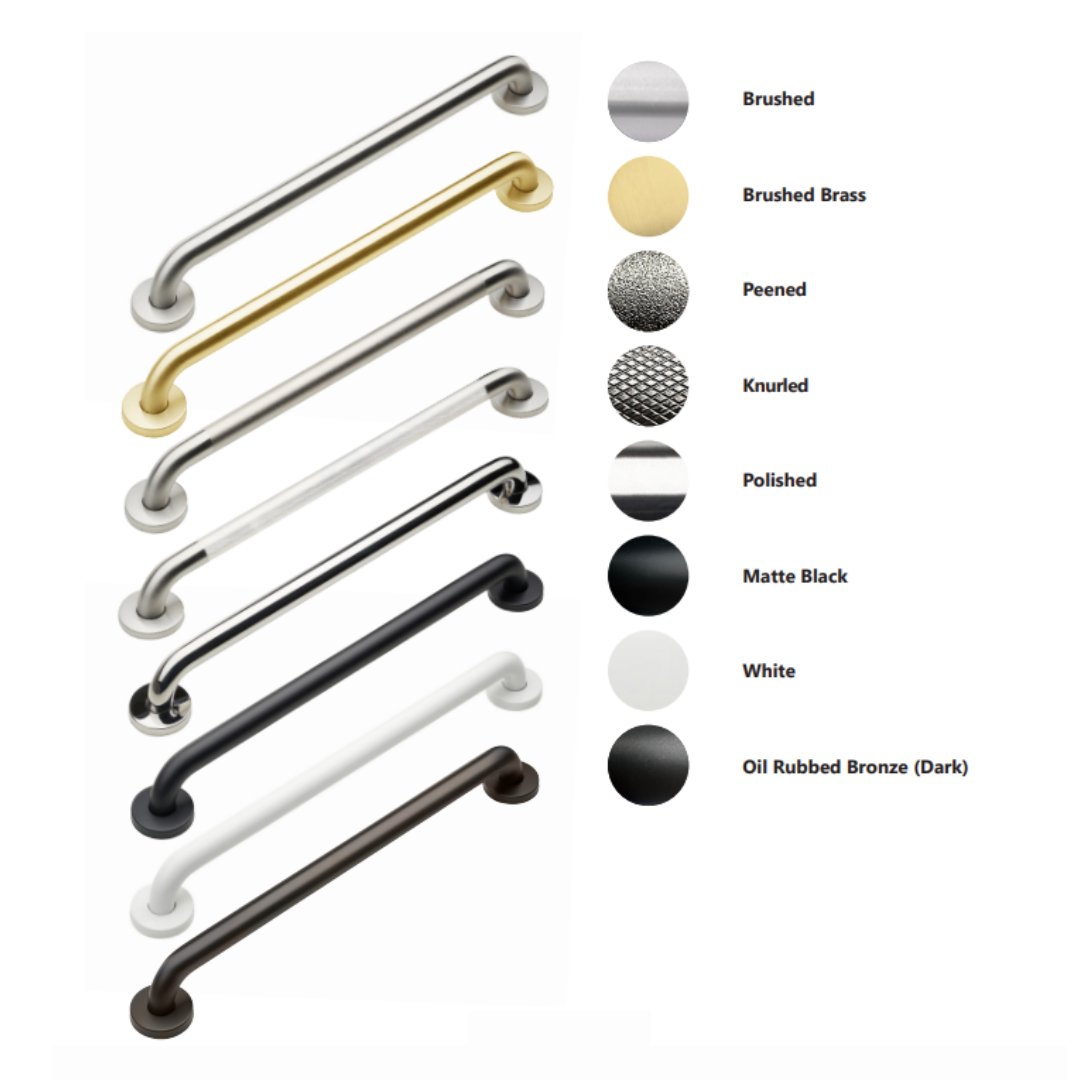 All eight SteadyBars grab bar finishes laid side by side: brushed, brushed brass, peened, knurled, polished, matte black, white and oil-rubbed bronze
