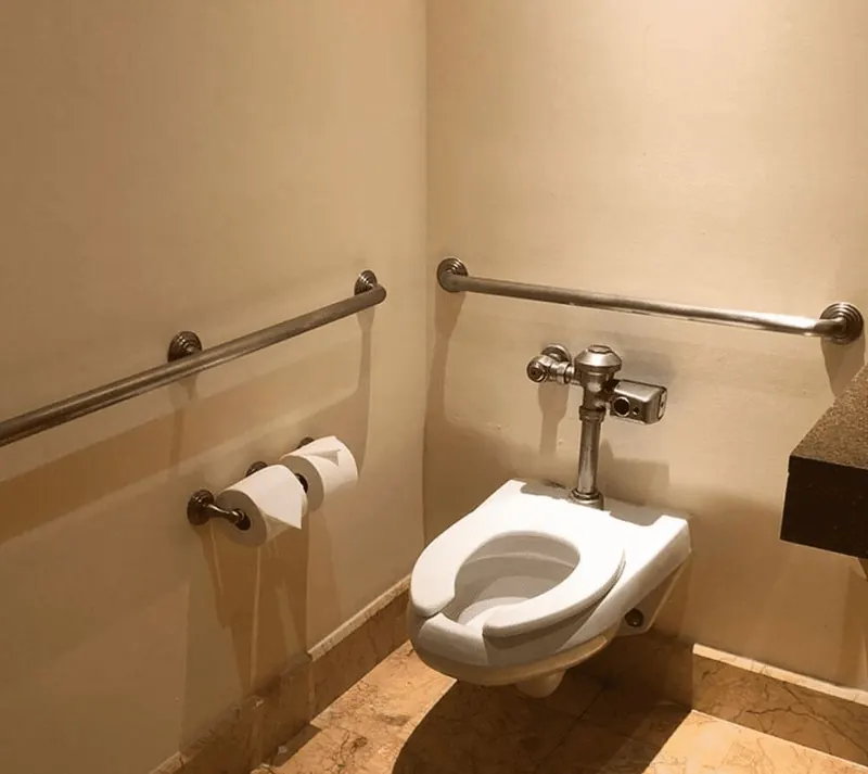 Polished stainless grab bars beside a toilet, positioned for sitting down and standing up
