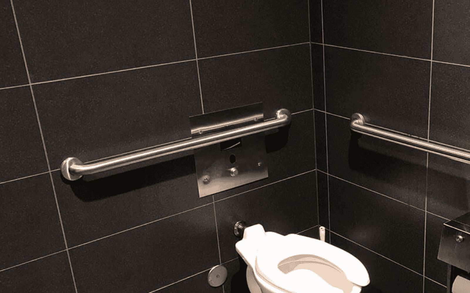 Brushed stainless grab bars professionally installed on dark tile in a DFW bathroom