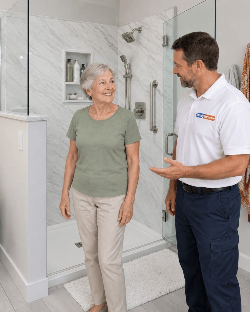 SteadyBars installer in a white company polo talking with a smiling senior homeowner in her marble-tile walk-in shower, with a brushed stainless grab bar installed beside the shower controls